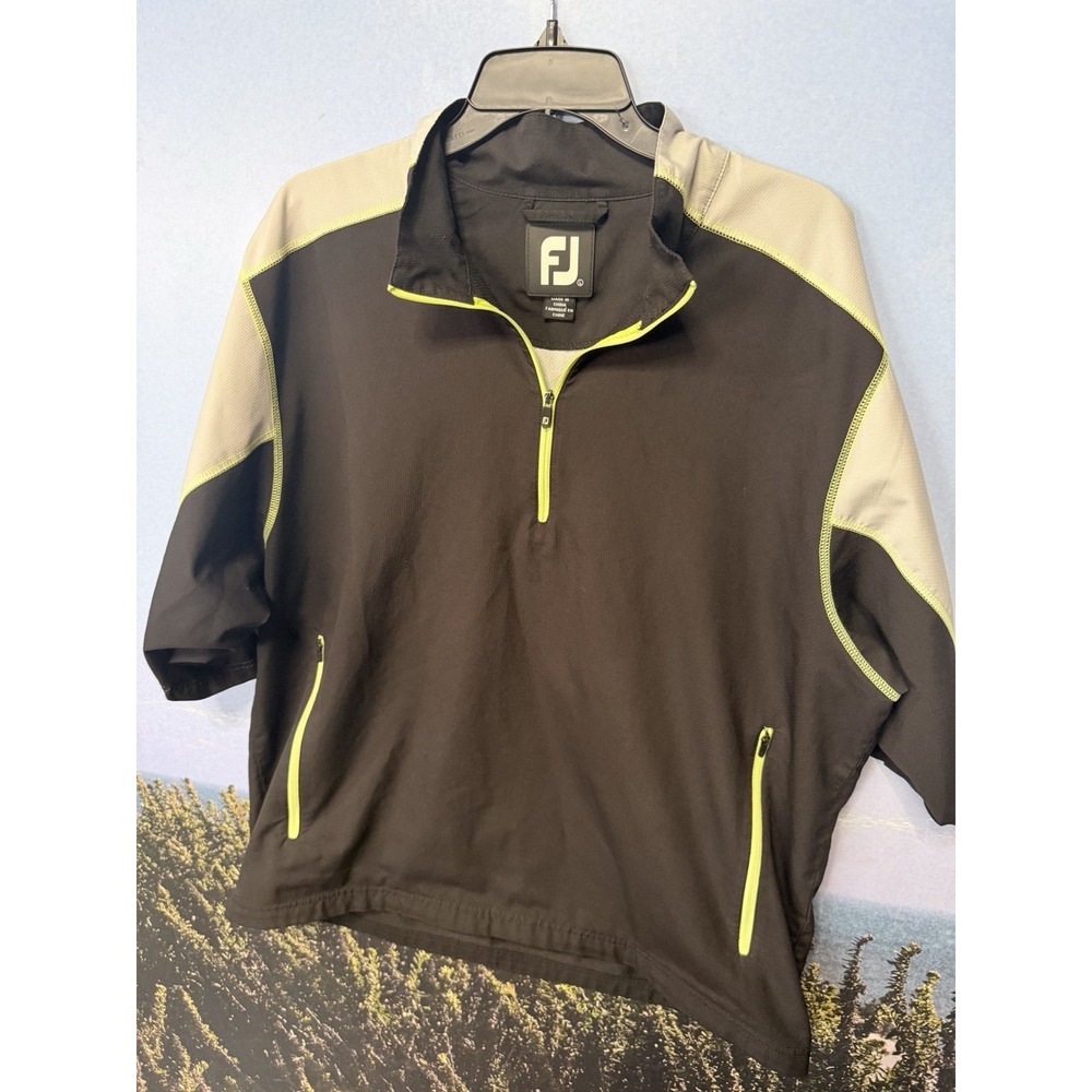 FJ FootJoy Golf Pullover Mens L Short Sleeve 1/4 Zip Windbreaker Black Green